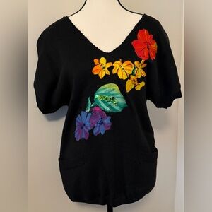 Janet Maffei Black sweater with Floral Accents. Size 8.